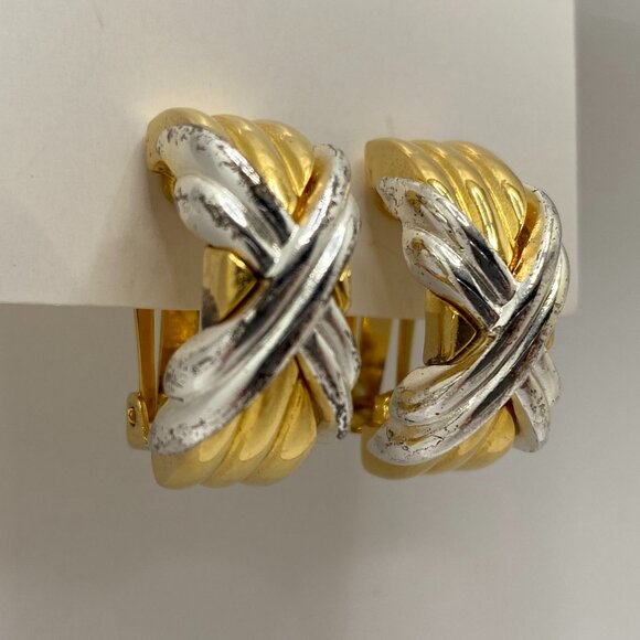 Vintage Two-Tone Gold and Silver Costume Clip-on Hoop Earrings - Picture 2 of 9